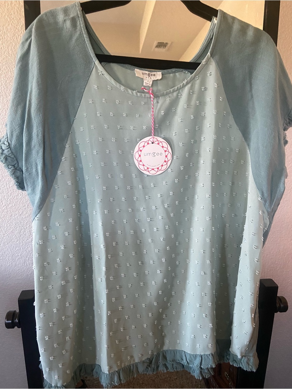 Umgee Light green Textured Raglan Sleeve Blouse with fringe Hem
